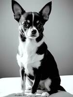 contento chihuahua perro negro y blanco monocromo foto en estudio Encendiendo