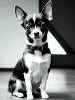 contento chihuahua perro negro y blanco monocromo foto en estudio Encendiendo