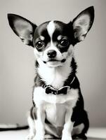 Happy Chihuahua Dog Black and White Monochrome Photo in Studio Lighting