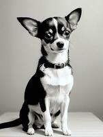 contento chihuahua perro negro y blanco monocromo foto en estudio Encendiendo