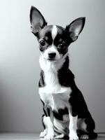 Happy Chihuahua Dog Black and White Monochrome Photo in Studio Lighting