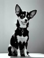 Happy Chihuahua Dog Black and White Monochrome Photo in Studio Lighting