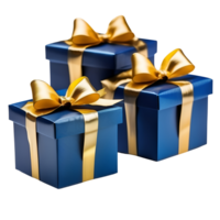 Three Blue Gift Boxes with Gold Ribbon Bows. AI Generative png