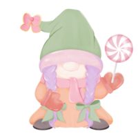 A gnome with long braids and a pointy hat holds a lollipop in his hand. png