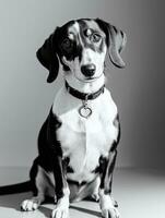 Happy Dachshund Dog Black and White Monochrome Photo in Studio Lighting