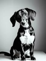 contento perro tejonero perro negro y blanco monocromo foto en estudio Encendiendo