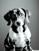 Happy Dachshund Dog Black and White Monochrome Photo in Studio Lighting