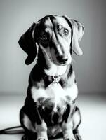 contento perro tejonero perro negro y blanco monocromo foto en estudio Encendiendo