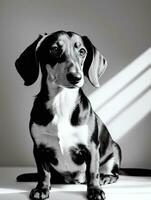 Happy Dachshund Dog Black and White Monochrome Photo in Studio Lighting