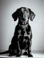 contento perro tejonero perro negro y blanco monocromo foto en estudio Encendiendo