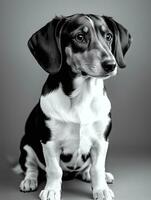 contento perro tejonero perro negro y blanco monocromo foto en estudio Encendiendo