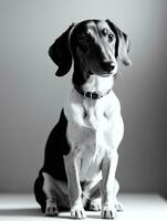 Happy Dachshund Dog Black and White Monochrome Photo in Studio Lighting