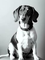 contento perro tejonero perro negro y blanco monocromo foto en estudio Encendiendo