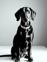 Happy Dachshund Dog Black and White Monochrome Photo in Studio Lighting