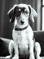 contento perro tejonero perro negro y blanco monocromo foto en estudio Encendiendo