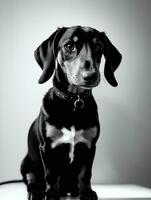 Happy Dachshund Dog Black and White Monochrome Photo in Studio Lighting