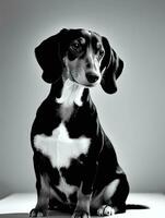 Happy Dachshund Dog Black and White Monochrome Photo in Studio Lighting