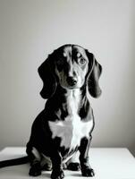 Happy Dachshund Dog Black and White Monochrome Photo in Studio Lighting