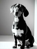 Happy Dachshund Dog Black and White Monochrome Photo in Studio Lighting