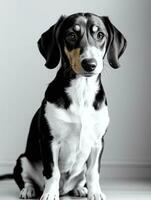 contento perro tejonero perro negro y blanco monocromo foto en estudio Encendiendo