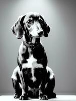 Happy Dachshund Dog Black and White Monochrome Photo in Studio Lighting