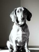 Happy Dachshund Dog Black and White Monochrome Photo in Studio Lighting