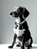 Happy Dachshund Dog Black and White Monochrome Photo in Studio Lighting