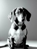 Happy Dachshund Dog Black and White Monochrome Photo in Studio Lighting