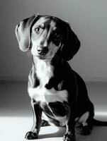 contento perro tejonero perro negro y blanco monocromo foto en estudio Encendiendo