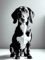 Happy Dachshund Dog Black and White Monochrome Photo in Studio Lighting