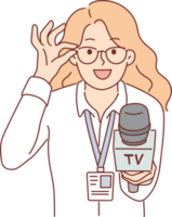 mujer reportero con micrófono ajusta lentes y entrevistas político o gerente de sociedad png