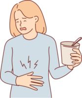 Woman suffers from heartburn and puts hand on stomach, holding glass of ice cream or instant soup png