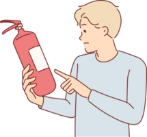 Man holds fire extinguisher checking expiration date equipment for extinguishing flame in emergency png