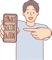 homme démontre en ligne bibliothèque avec livres sur téléphone et points doigt à afficher png