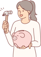 Woman holds hammer and piggy bank, wanting to get savings to buy new phone or car. png