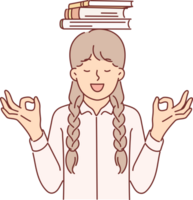 Schoolgirl is meditating standing with books on head and smiling making akasha mudra gesture png