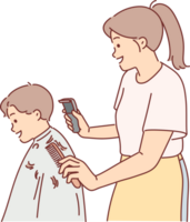 Woman children hairdresser cuts little boy hair and holds trimmer and comb in hands png