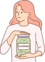 Woman holds jar with savings refusing to keep money on bank deposit or investment companies png