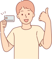 Little boy with credit card shows thumbs up recommending to start using banking services png