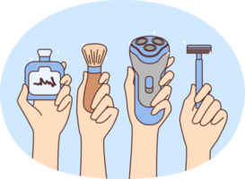 Hands holding different tools for shaving png