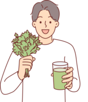 Man drinks celery smoothie following healthy diet to get rid of toxins and excess weight png