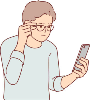 man har syn problem och läser SMS meddelande i små skriva ut på telefon, justeras glasögon på ögon png