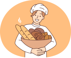 Smiling male baker with basket of fresh bread png