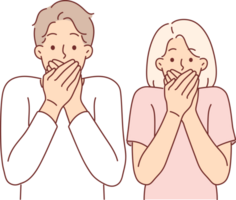 Frightened couple covers their mouths after seeing unexpected incident and looks at screen png