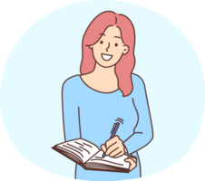 sonriente mujer escritura en cuaderno png