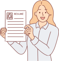 Business woman shows resume describing work skills, wanting to find new job thanks to quality CV png