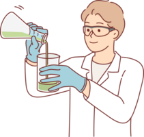 Man scientist holds flasks with chemical reagents and studies reaction of substances when mixed png