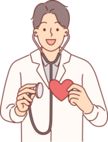 Man cardio surgeon holding stethoscope and heart offering to undergo examination png