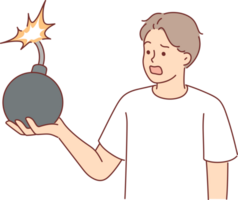 Frightened man holds bomb with burning fuse, symbolizing coming problems and troubles png