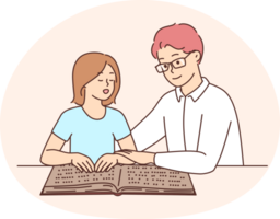 Male tutor teach child reading braille png